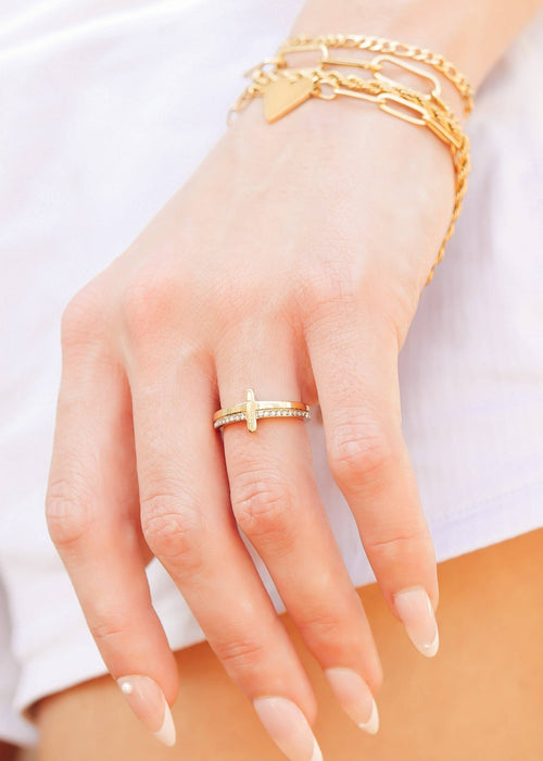 18K Gold PVD Engraved Bible Verse CZ Cross Ring Gift - KM Jewelry Co.
