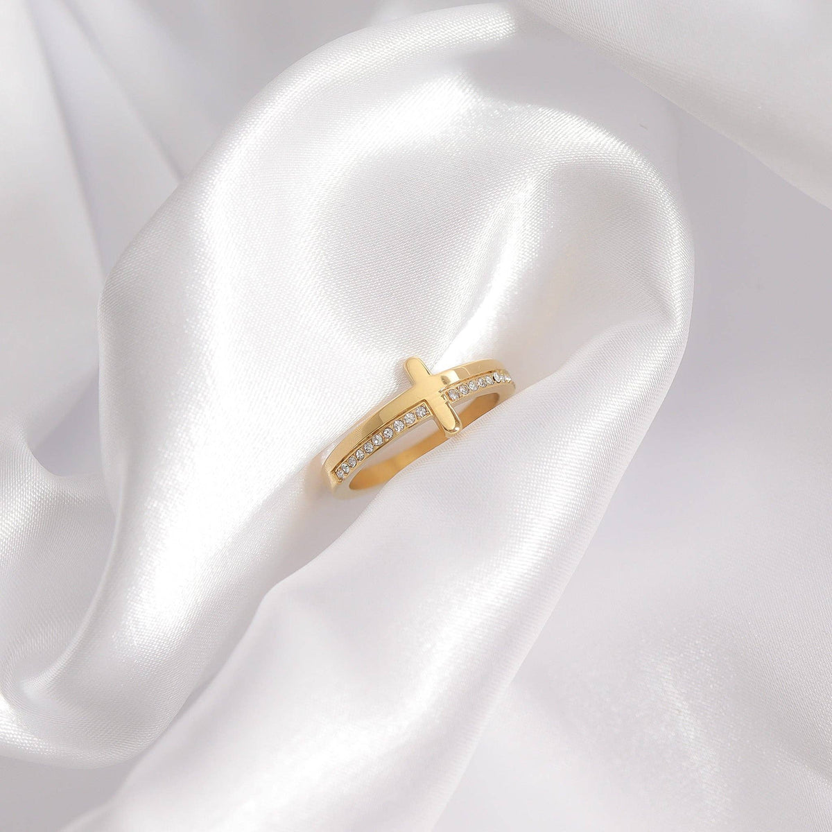 18K Gold PVD Engraved Bible Verse CZ Cross Ring Gift - KM Jewelry Co.