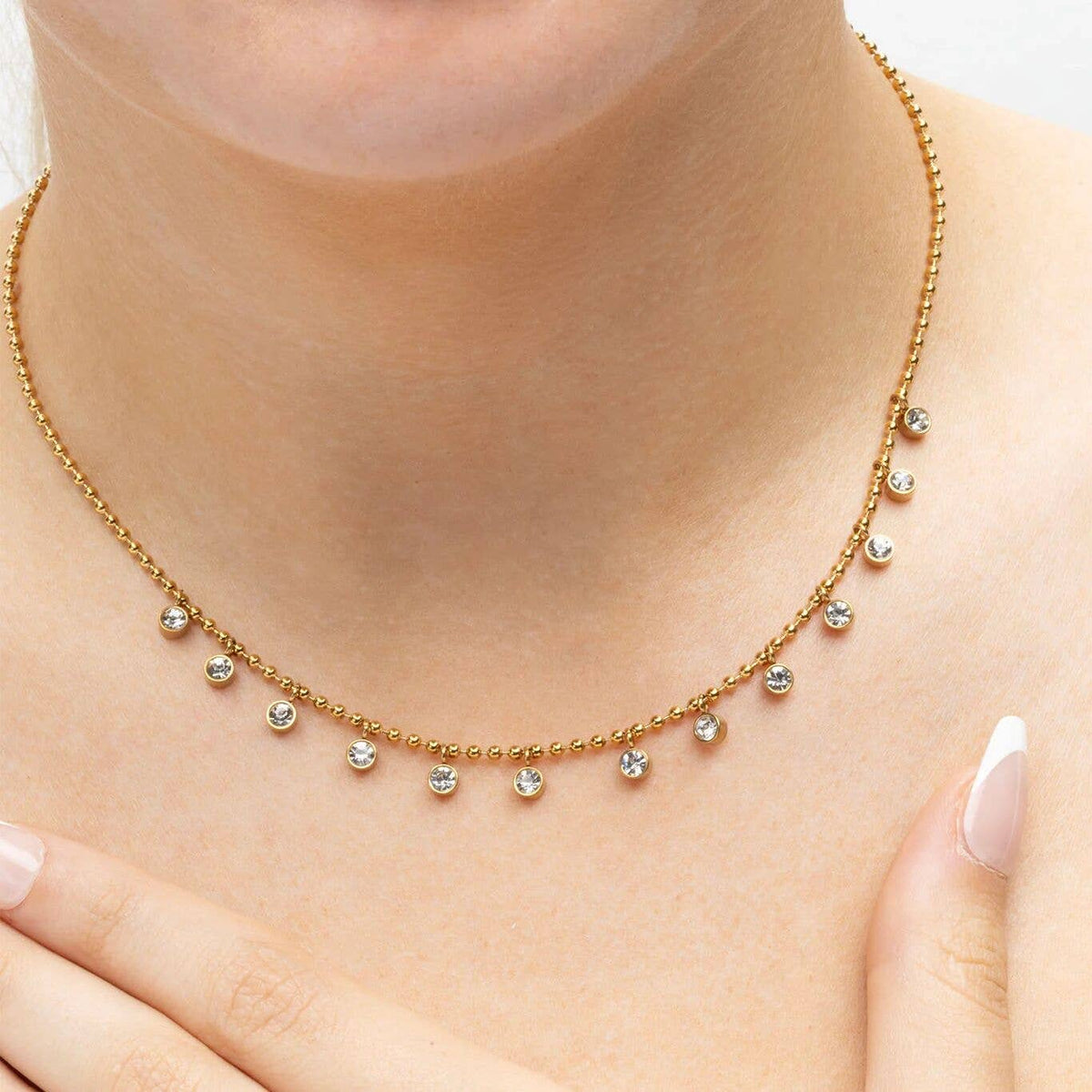 18K Gold PVD Stainless Steal Round Stone Dangle Necklace - KM Jewelry Co.