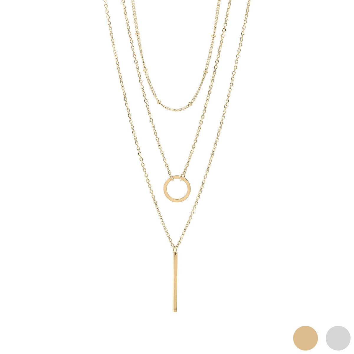 18K Gold PVD Stainless Steel 3 Row Layered Chain Necklace - KM Jewelry Co.