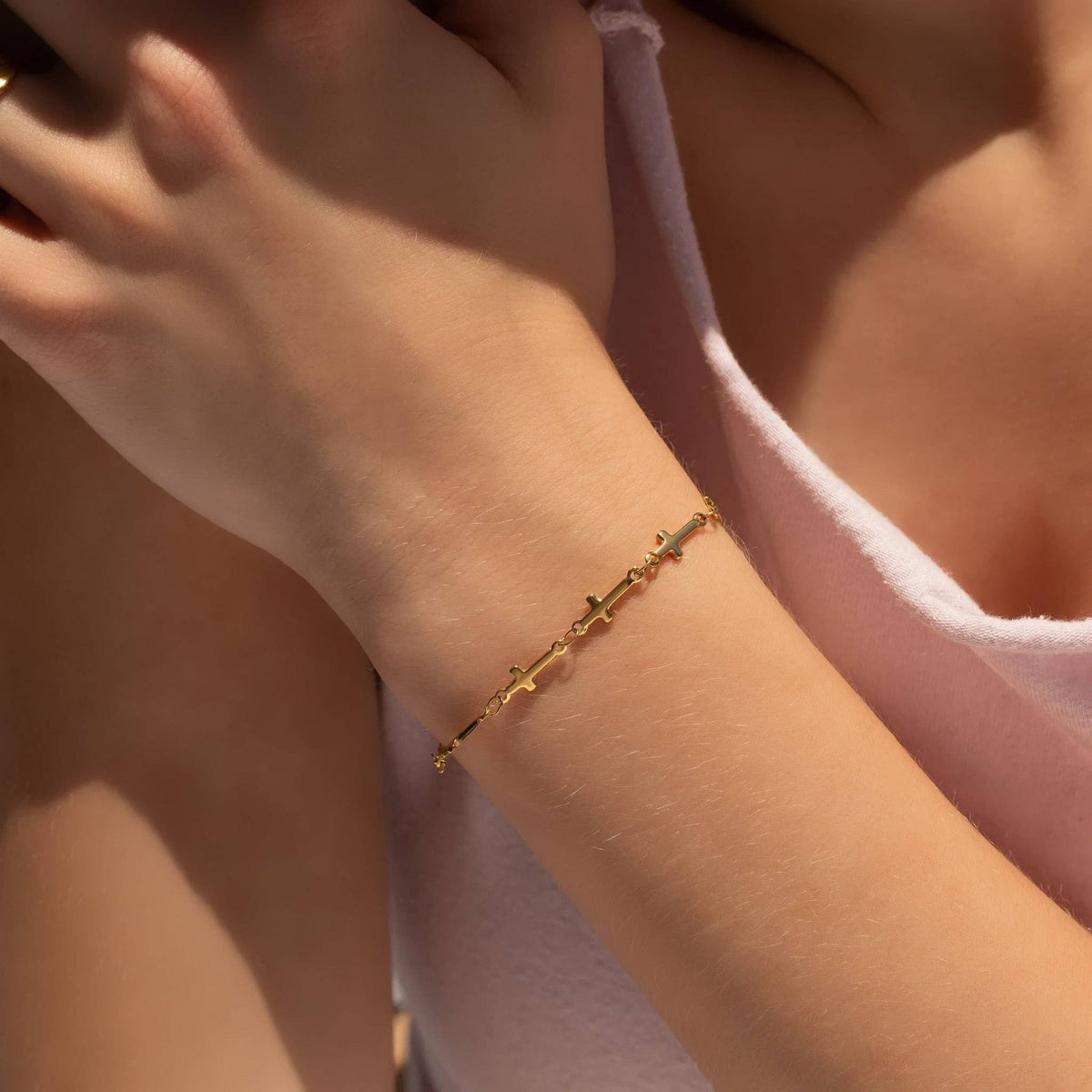 18K Gold PVD Stainless Steel Cross Chain Bracelet - KM Jewelry Co.