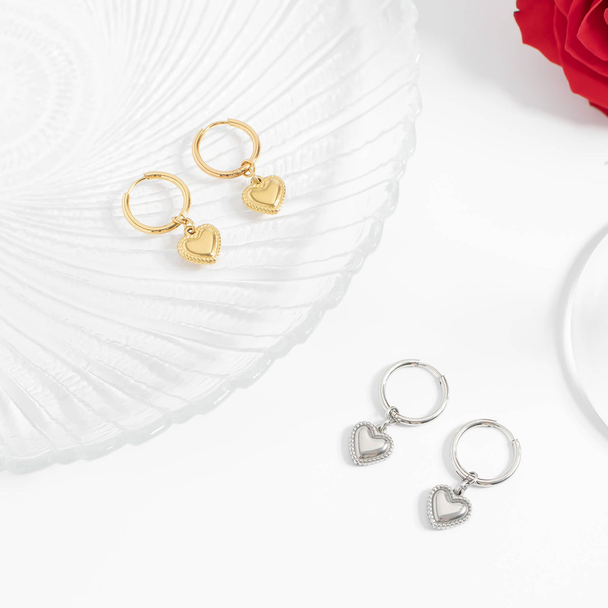 18K Gold PVD Stainless Steel Heart Pendant Hoop Earrings - KM Jewelry Co.