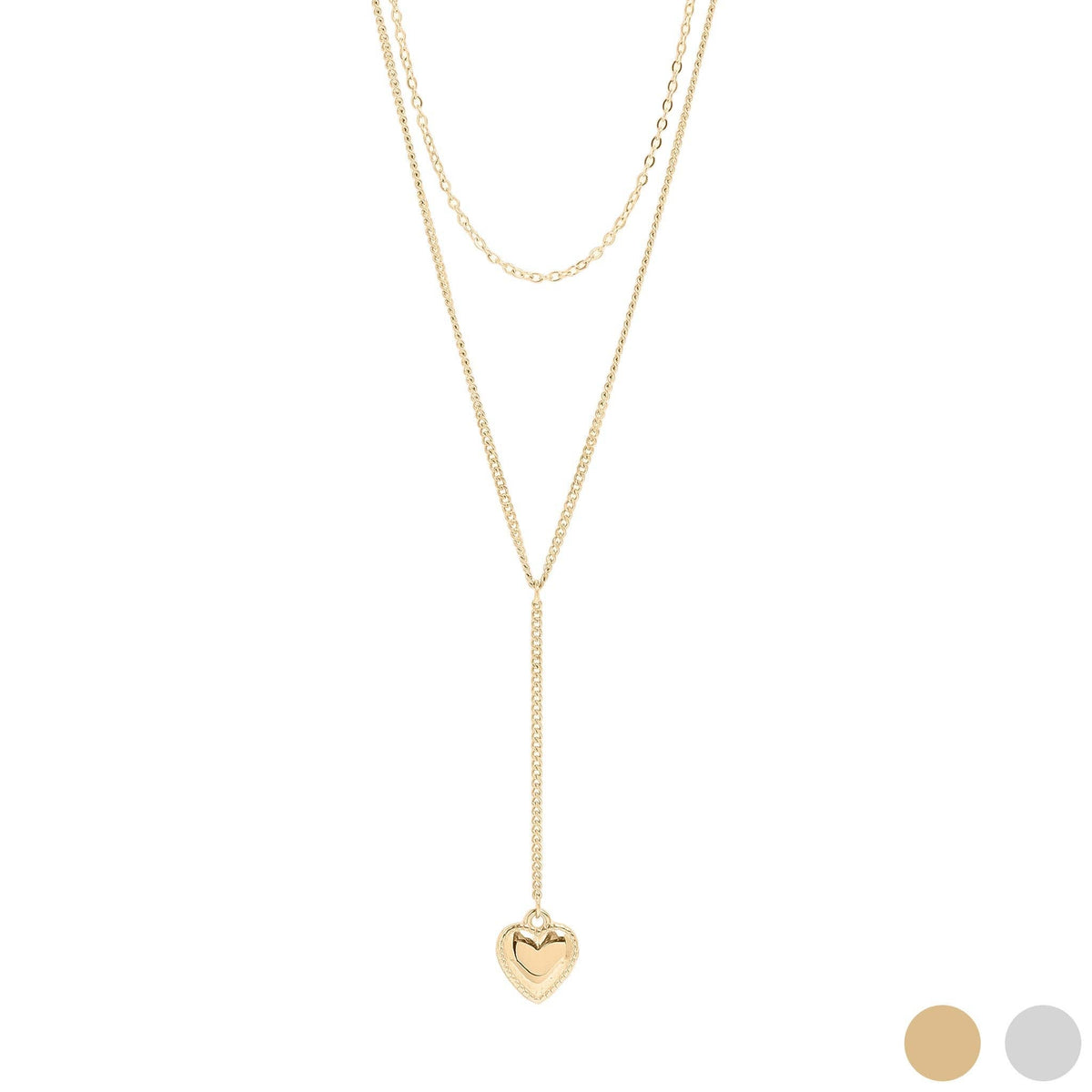 18K Gold PVD Stainless Steel Layered Lariat Heart Charm Necklace - KM Jewelry Co.