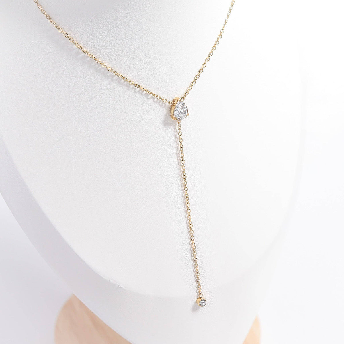 18K Gold PVD Stainless Steel Teardrop CZ Lariat Necklace - KM Jewelry Co.