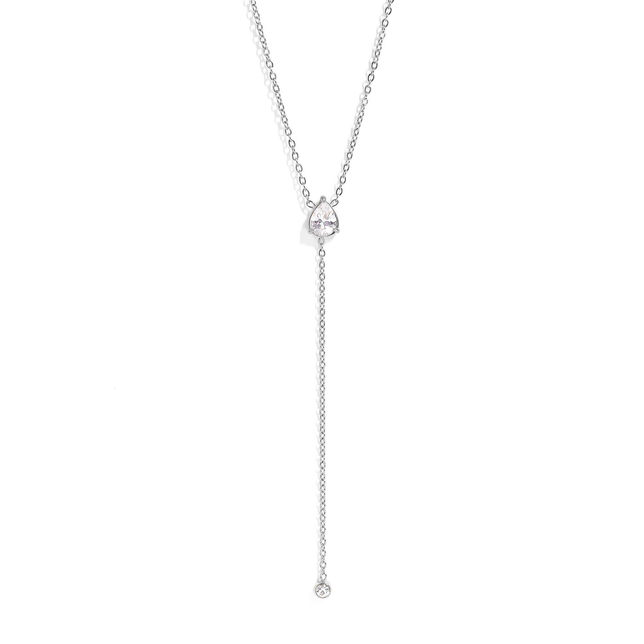 18K Gold PVD Stainless Steel Teardrop CZ Lariat Necklace