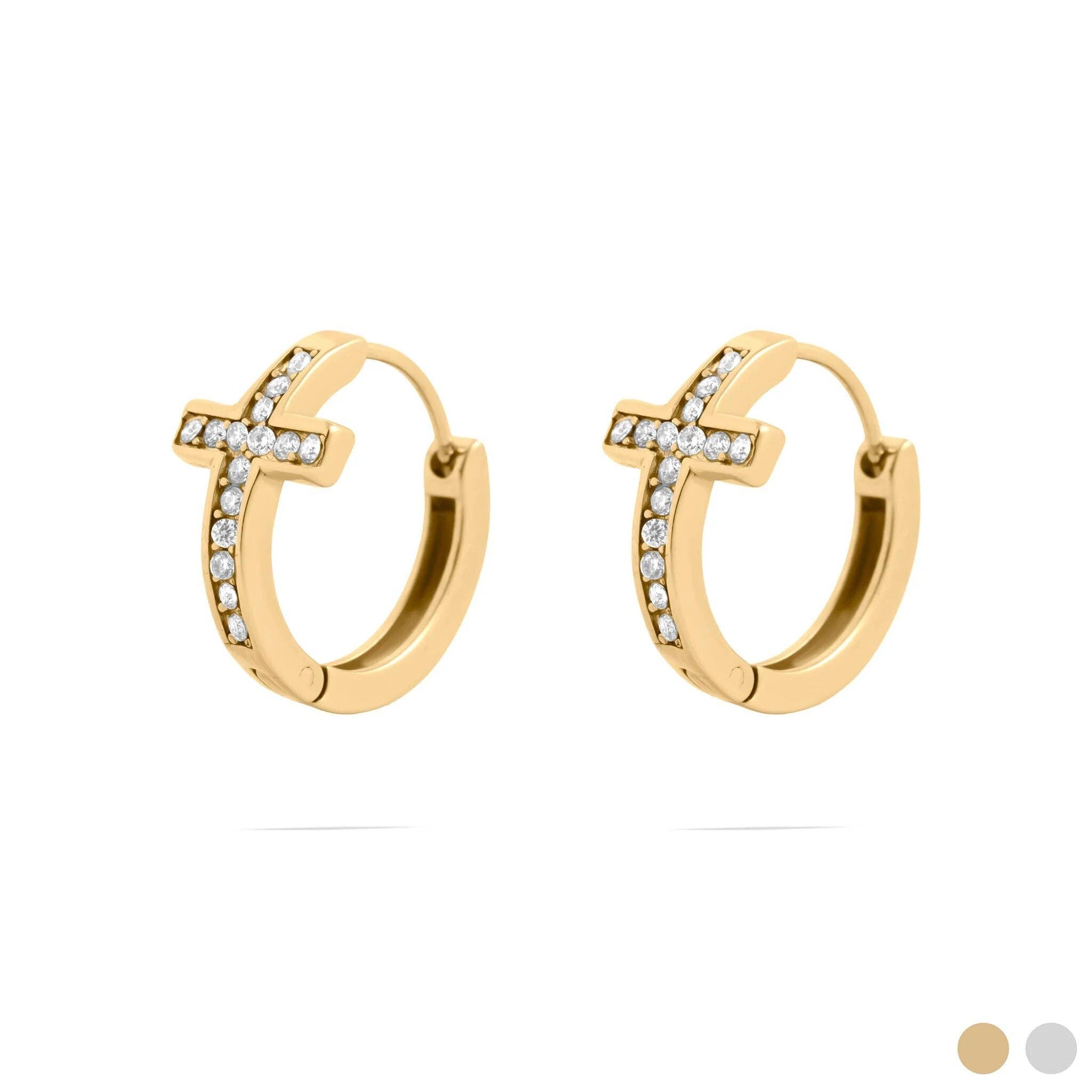 18K Gold PVD Stainless Steel Stone Cross Huggies Earrings
