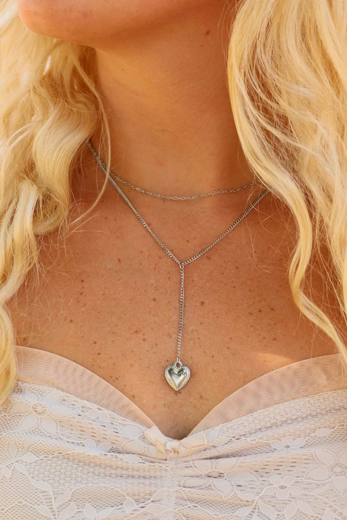 18K Gold PVD Stainless Steel Layered Lariat Heart Charm Necklace