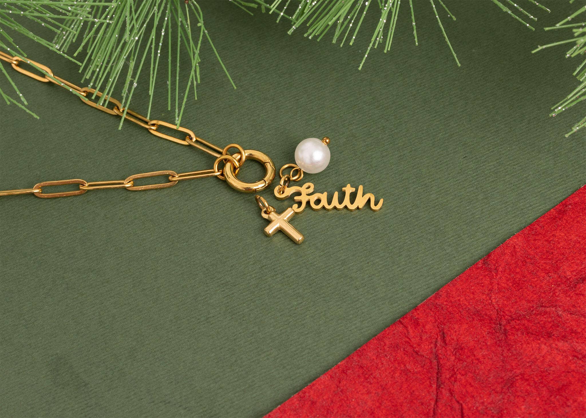 Gold Stainless Steel Faith Charm Holder Necklace Gift Set