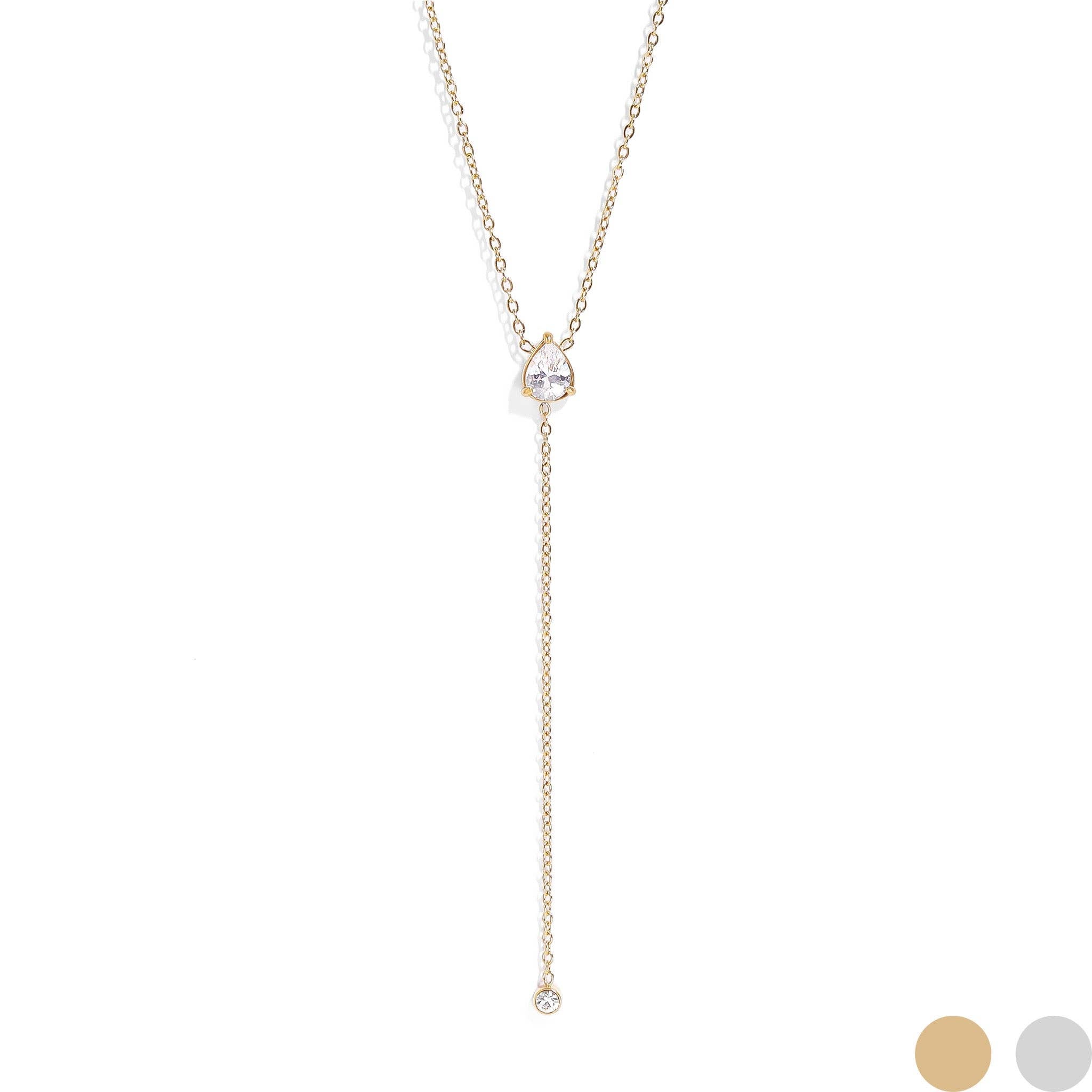 18K Gold PVD Stainless Steel Teardrop CZ Lariat Necklace