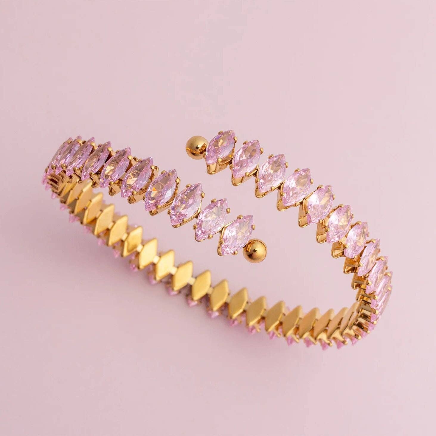 18K Gold PVD Stainless Steel Pink Stone Wrap Bracelet