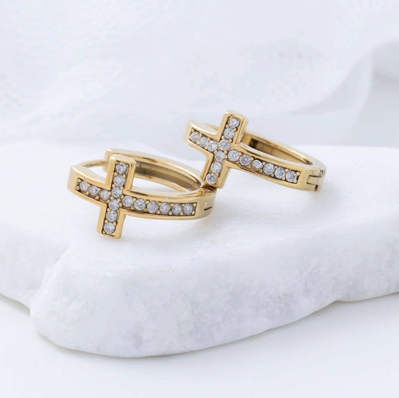 18K Gold PVD Stainless Steel Stone Cross Huggies Earrings