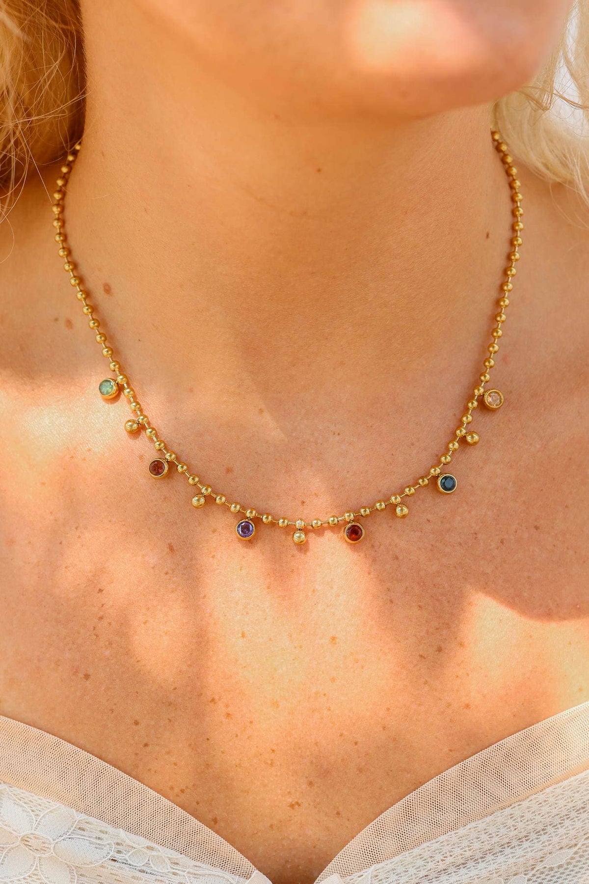 18K Gold PVD Stainless Steel Multicolor Beaded Charm Necklace