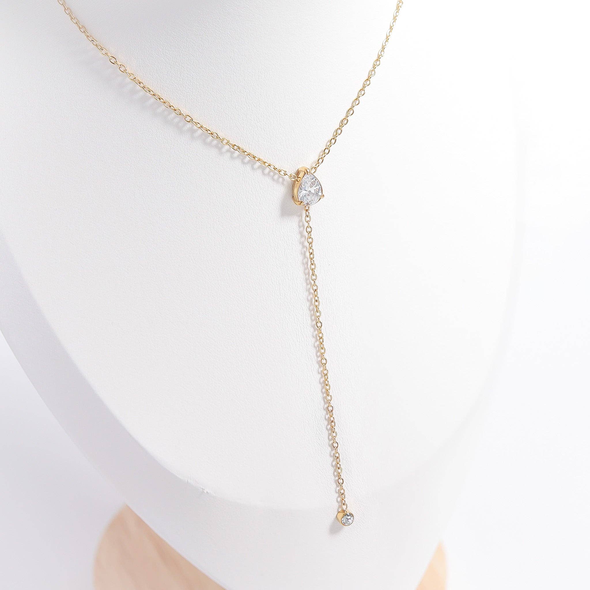18K Gold PVD Stainless Steel Teardrop CZ Lariat Necklace