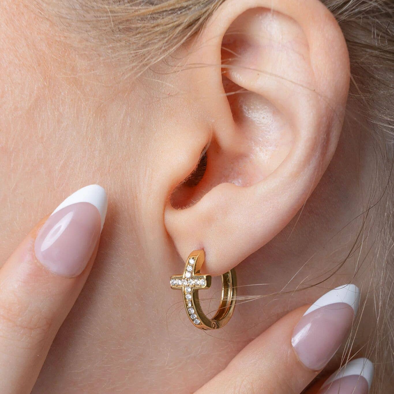 18K Gold PVD Stainless Steel Stone Cross Huggies Earrings