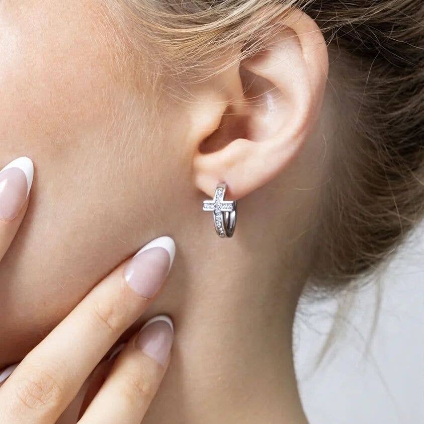 18K Gold PVD Stainless Steel Stone Cross Huggies Earrings