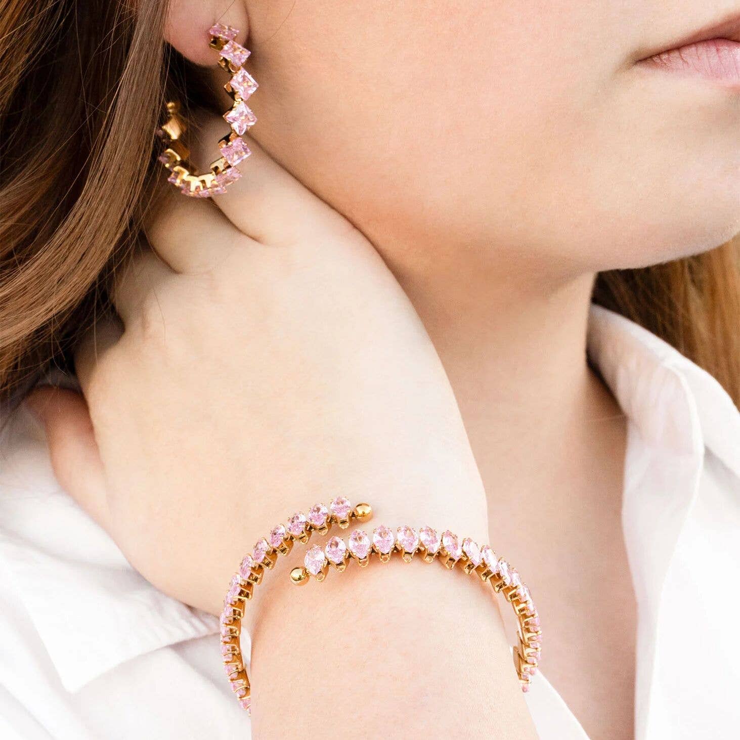 18K Gold PVD Stainless Steel Pink Stone Wrap Bracelet