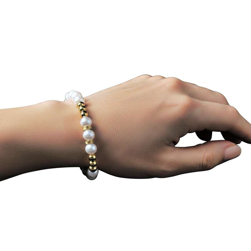 Glass Pearl Beaded Stretch Bracelet - 18K Gold PVD 8mm