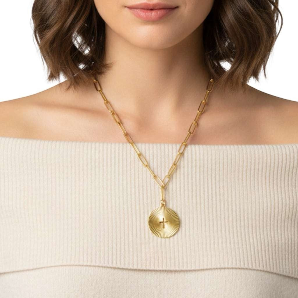 Sunburst Cross Paperclip Necklace in 18K Gold PVD Stainless Steel