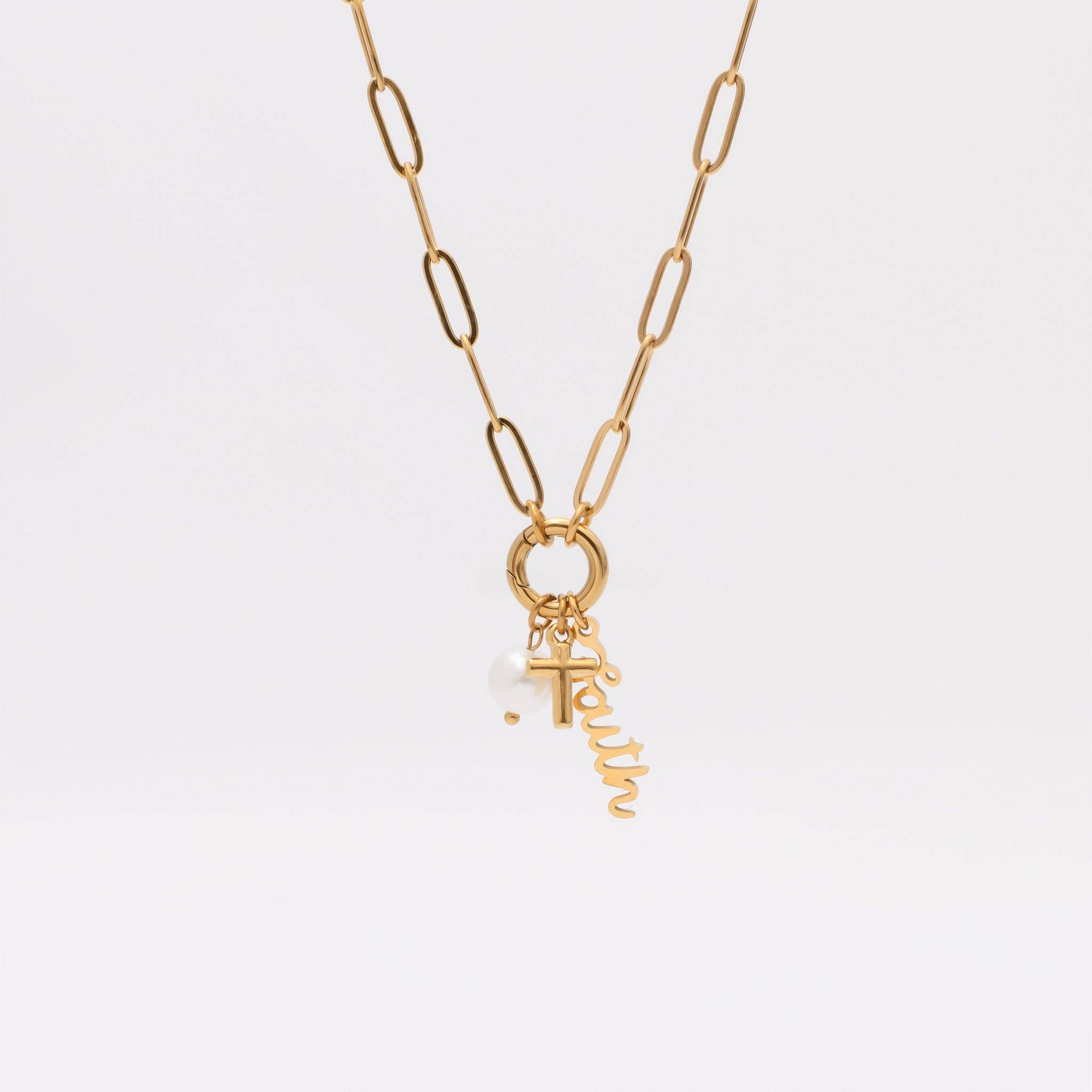 Gold Stainless Steel Faith Charm Holder Necklace Gift Set