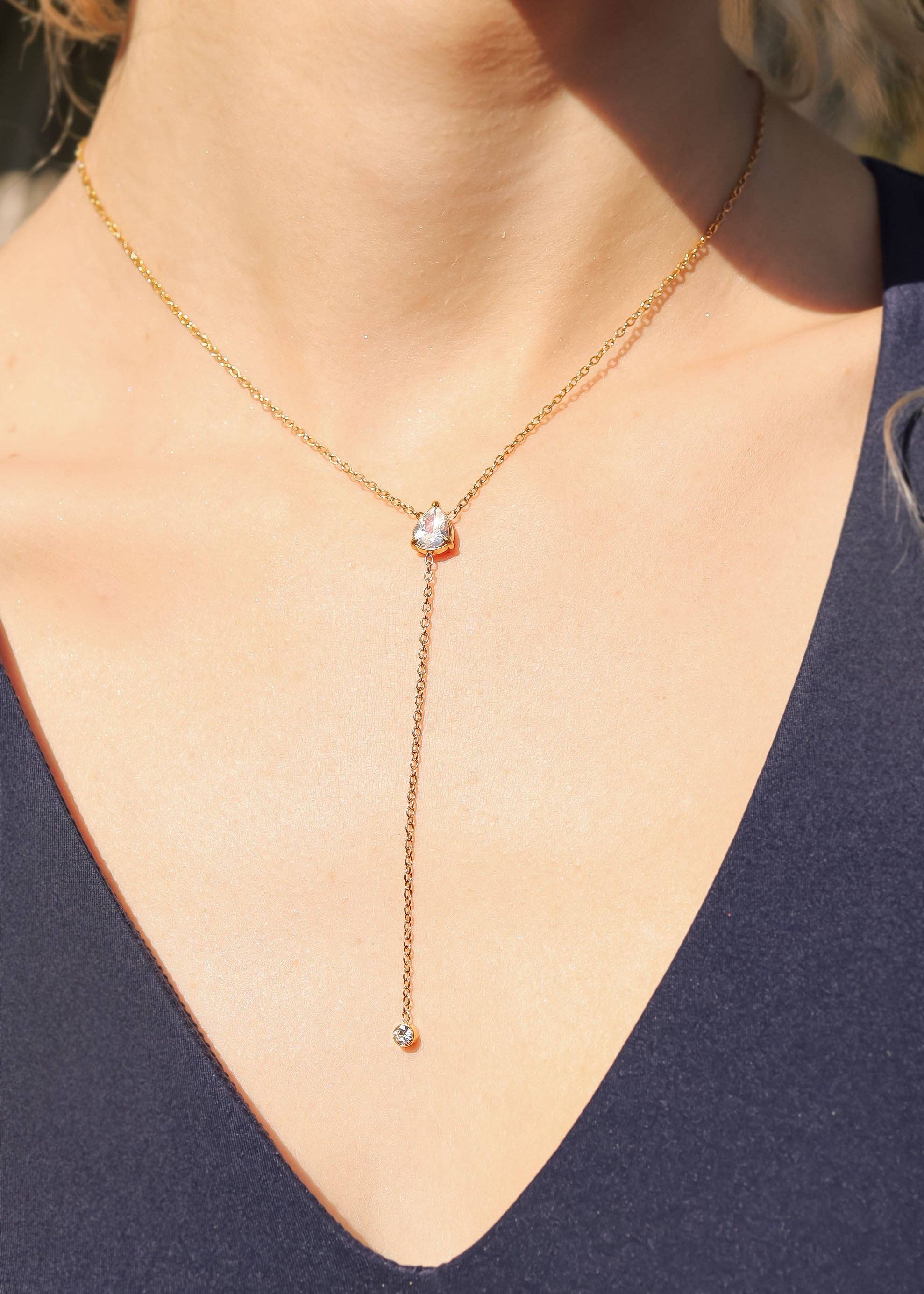 18K Gold PVD Stainless Steel Teardrop CZ Lariat Necklace