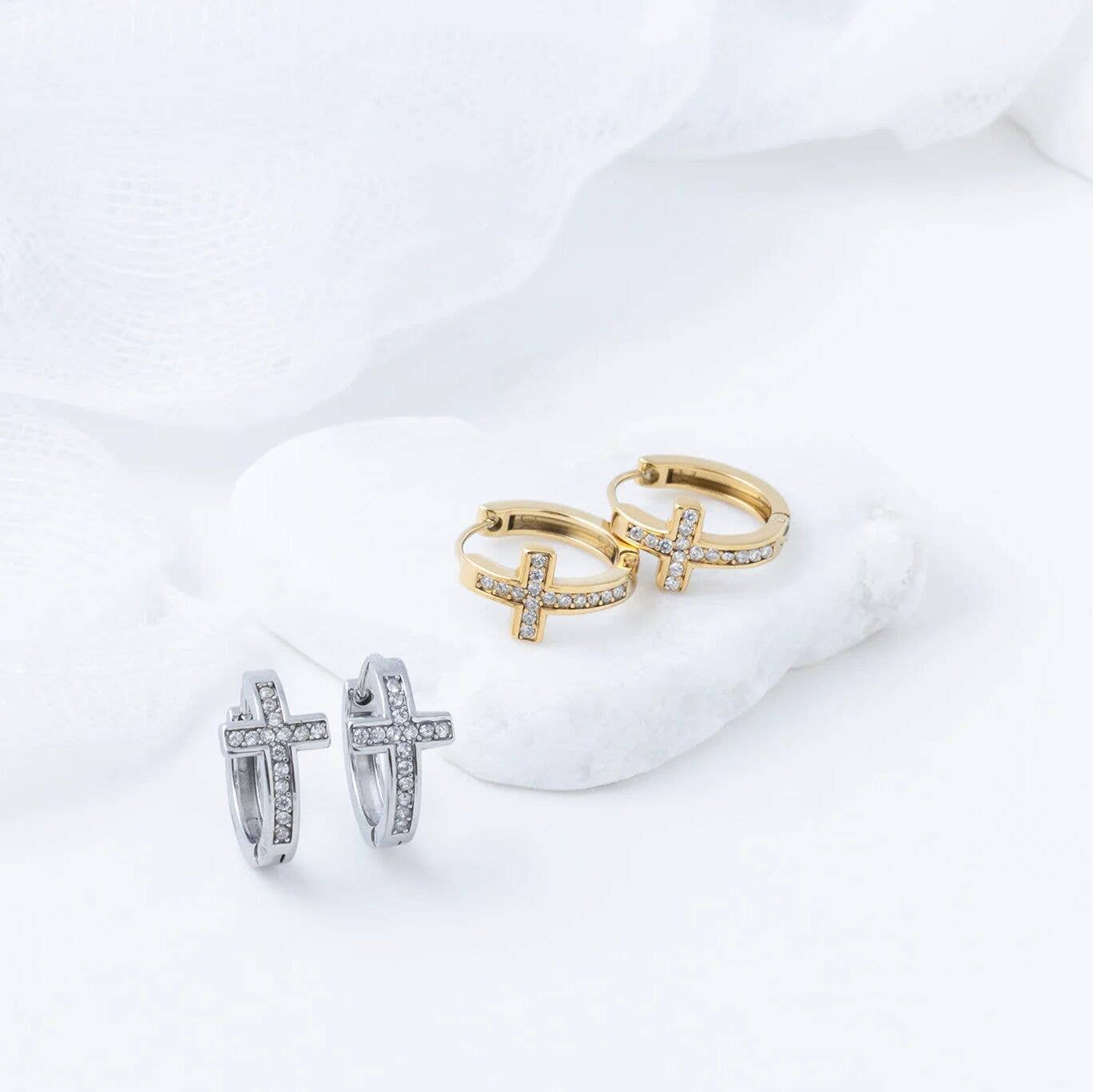 18K Gold PVD Stainless Steel Stone Cross Huggies Earrings