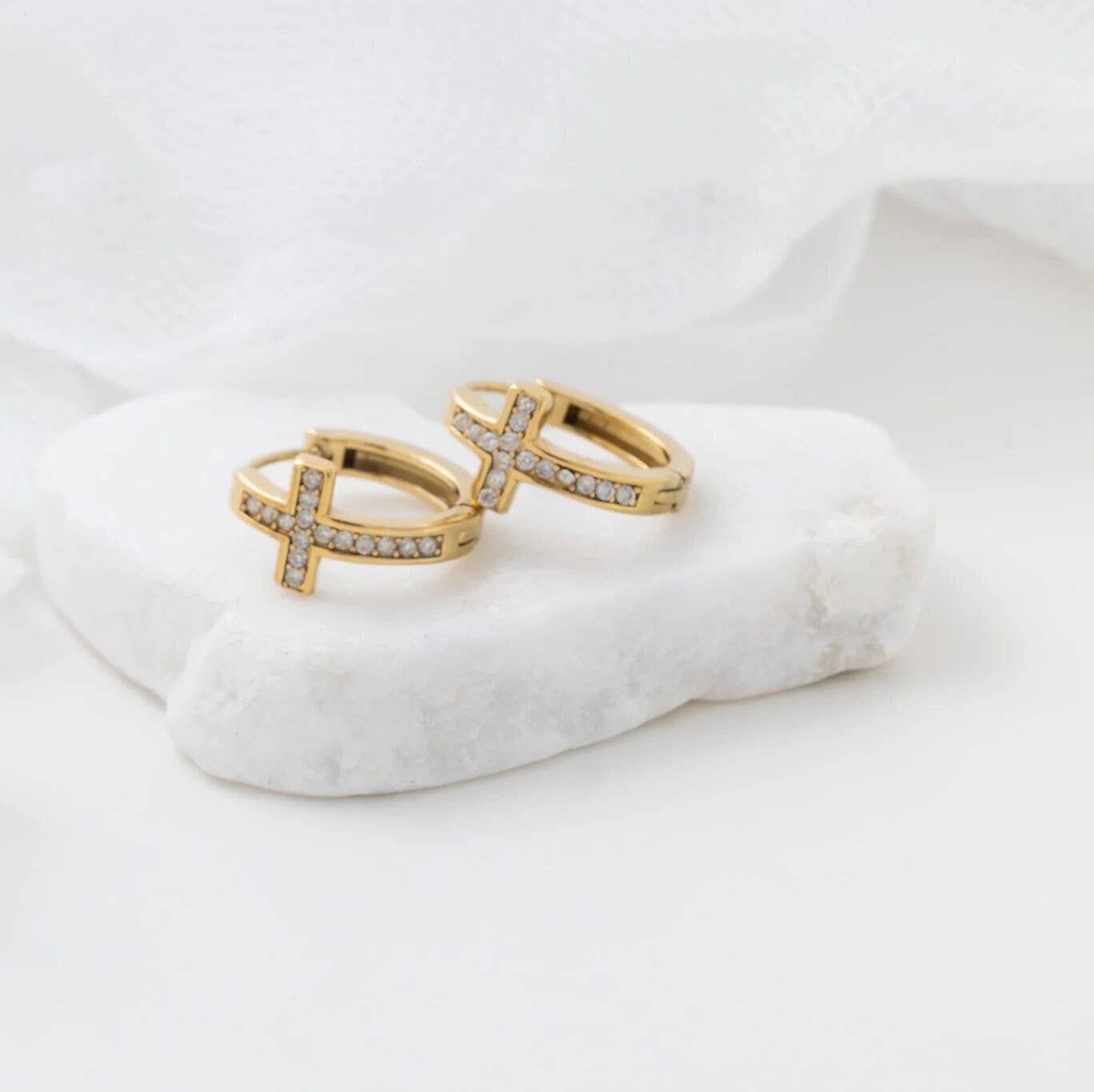 18K Gold PVD Stainless Steel Stone Cross Huggies Earrings