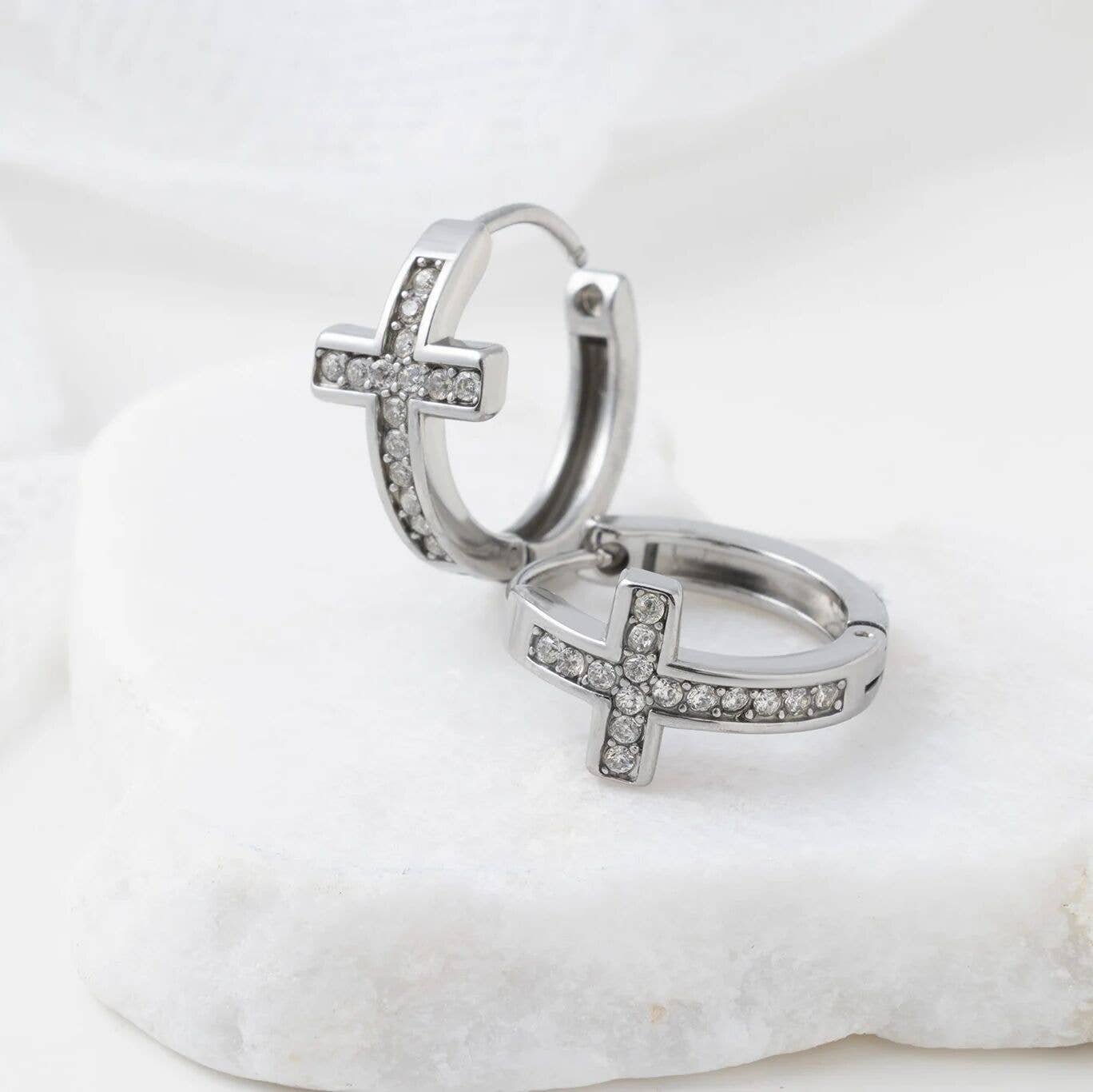 18K Gold PVD Stainless Steel Stone Cross Huggies Earrings