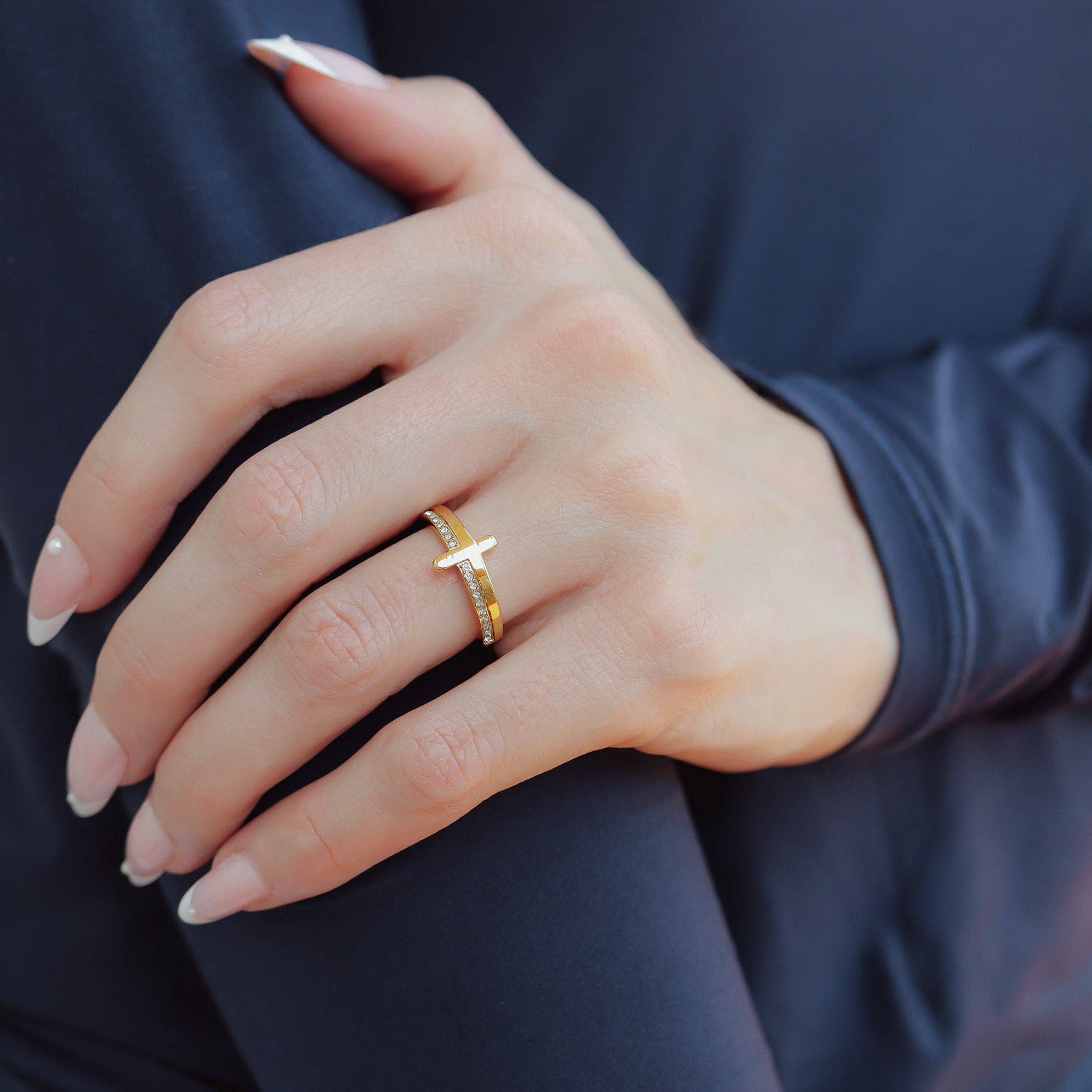 18K Gold PVD Engraved Bible Verse CZ Cross Ring Gift