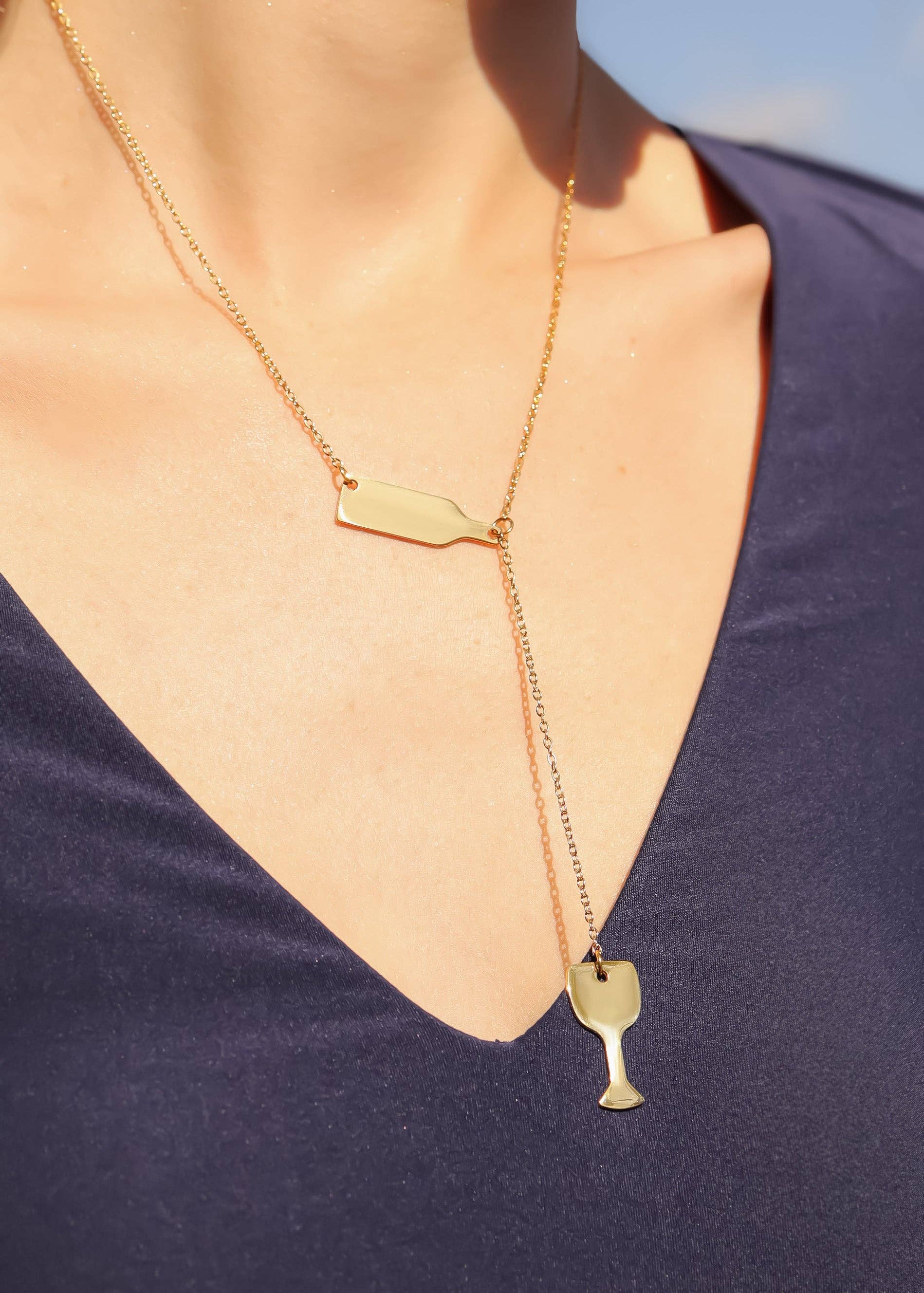 18K Gold PVD Stainless Steel Lariat Necklace Wine Glass