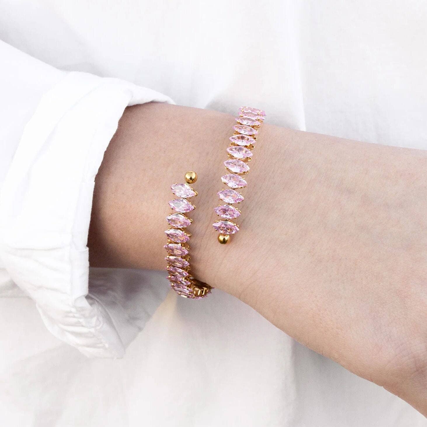18K Gold PVD Stainless Steel Pink Stone Wrap Bracelet