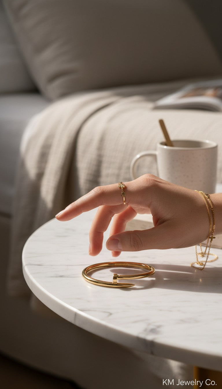 KM Jewelry Co. 18K gold-plated stainless steel bangle with a unique nail design. Elegant and durable.