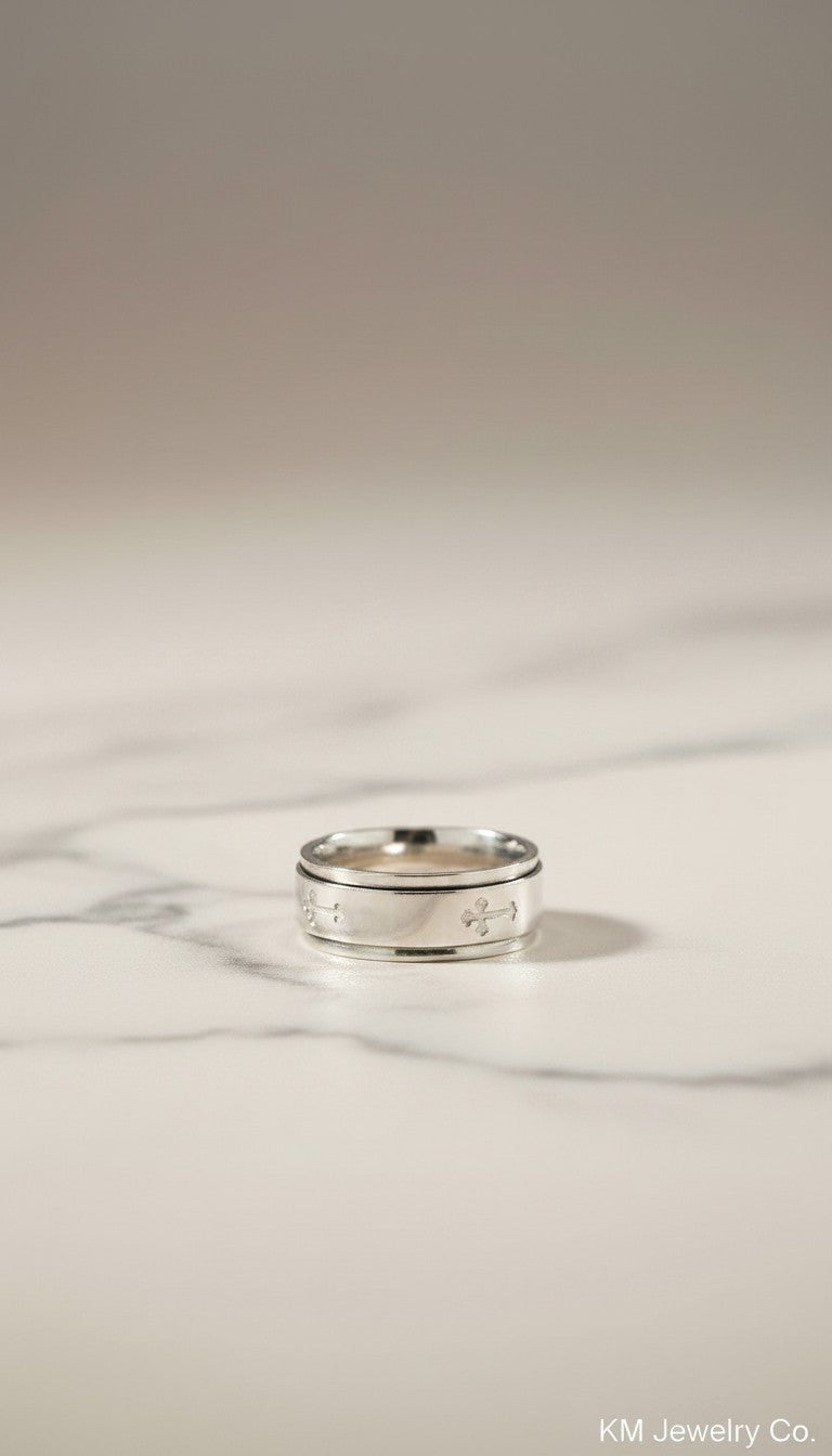 KM Jewelry Co. men's polished stainless steel ring with engraved crosses. Faith-based design.