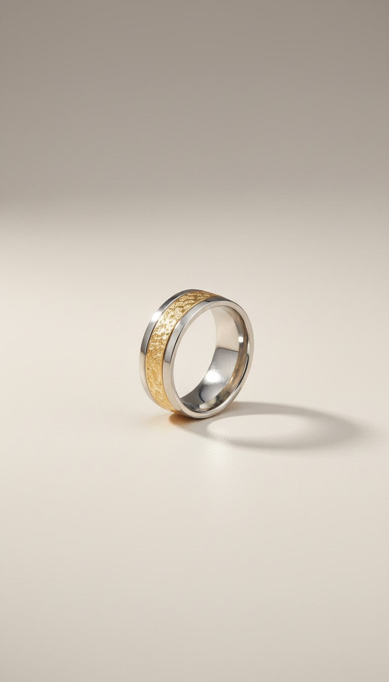 KM Jewelry Co. silver-tone band ring with gold-tone textured inlay, detailed pattern, and polished edges.