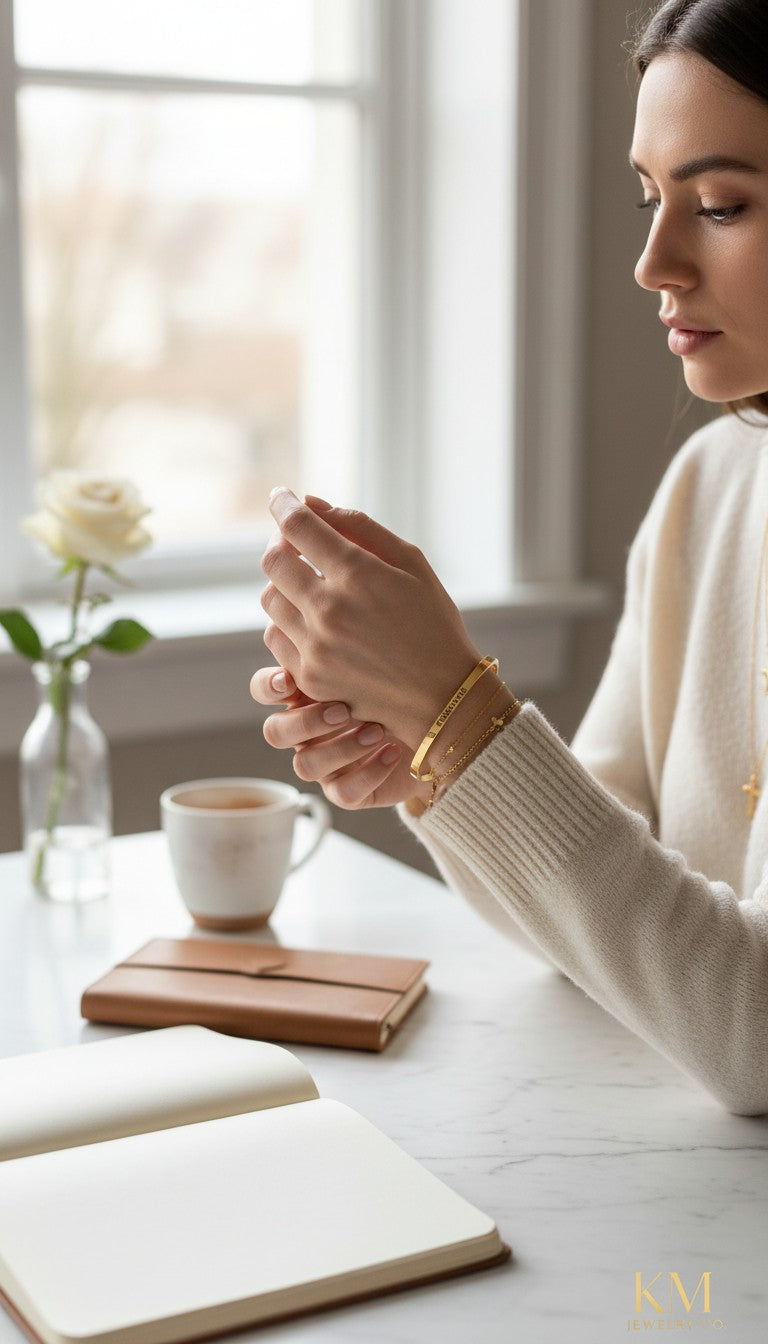 KM Jewelry Co. engraved gold bangle in 18K gold PVD stainless steel with "Choose to shine" inscription.