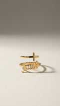 KM Jewelry Co. 18K gold PVD stainless steel ring with a cross and the word "Faith" in script.