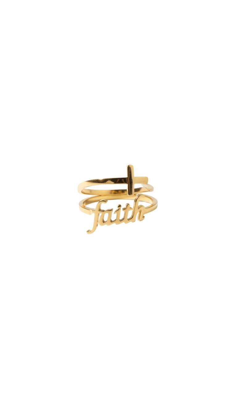 KM Jewelry Co. 18K gold PVD stainless steel ring with a cross and the word "Faith" in script.