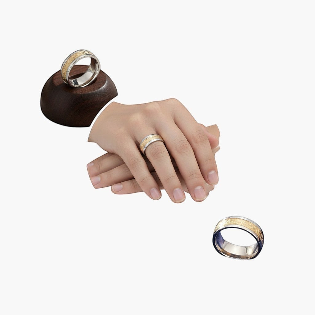 KM Jewelry Co. 18K gold PVD stainless steel band ring with textured gold inlay. Polished finish.