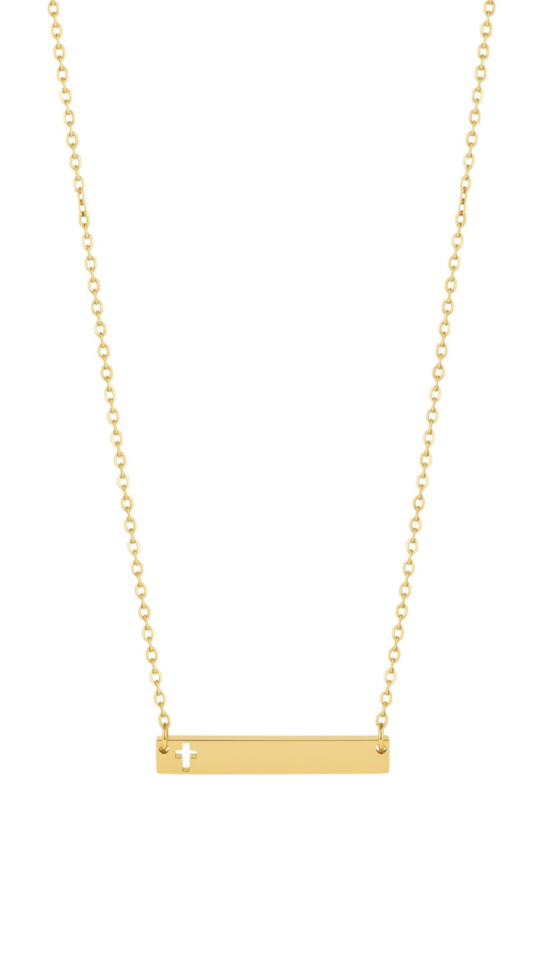 KM Jewelry Co. 18k gold plated hollow bar necklace with a cutout cross detail. Minimalist gold chain.