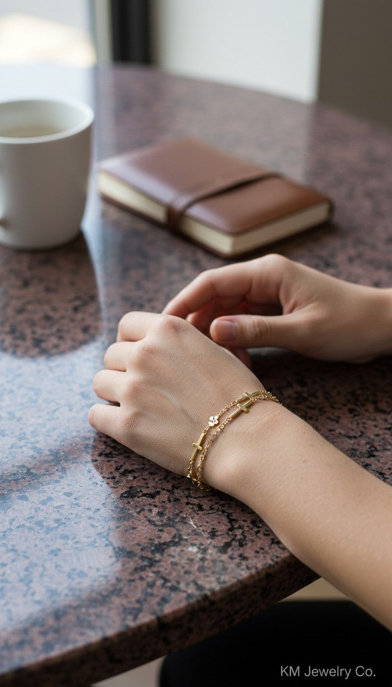 KM Jewelry Co. 18k gold PVD stainless steel bracelet with a delicate cross chain design. Faith-inspired, lightweight, and polished.