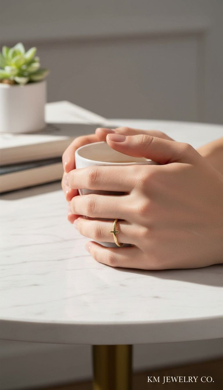 KM Jewelry Co. gold ring with a cross detail on a beaded band, made of 18K gold PVD stainless steel.