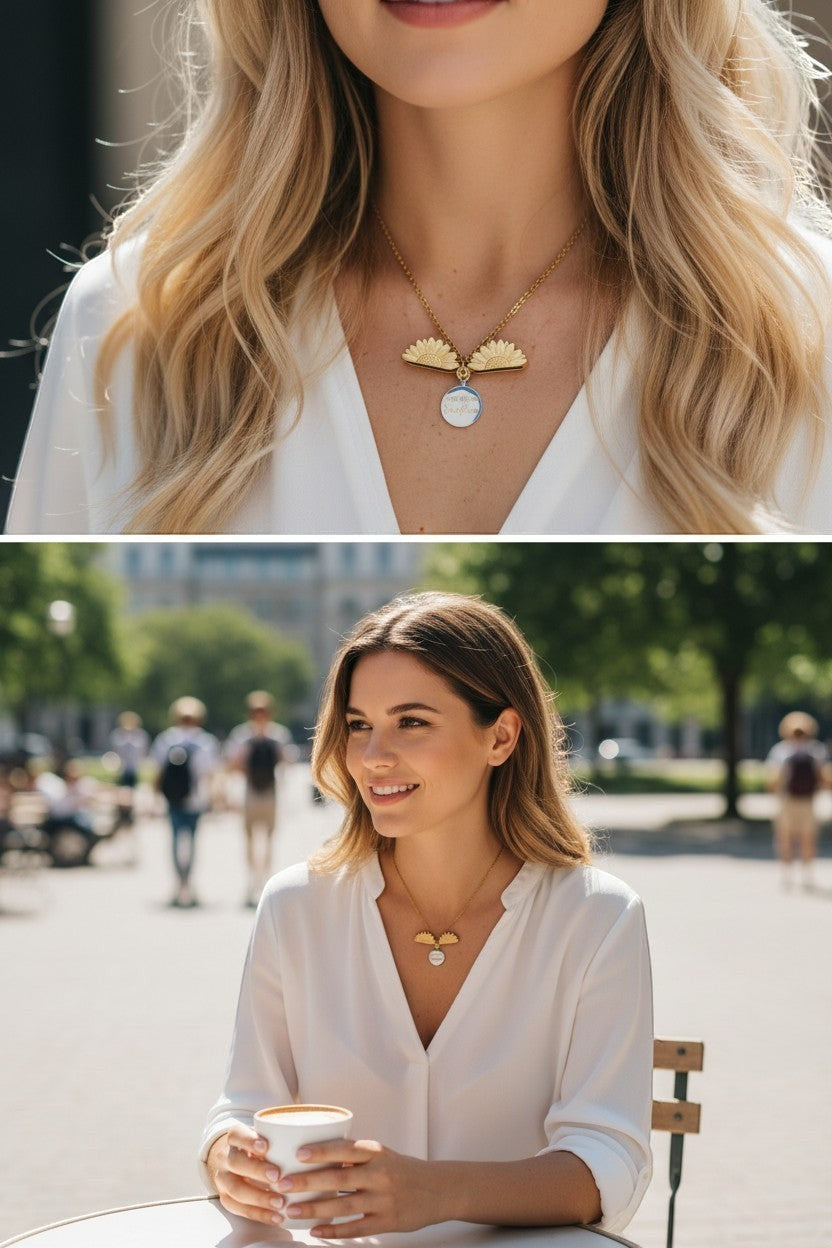 KM Jewelry Co. 18K PVD gold necklace with a floral sunburst pendant and a circular charm reading "You are my Sunshine."