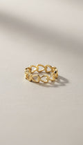 KM Jewelry Co. 18K gold PVD stainless steel ring with a continuous pattern of open hearts.