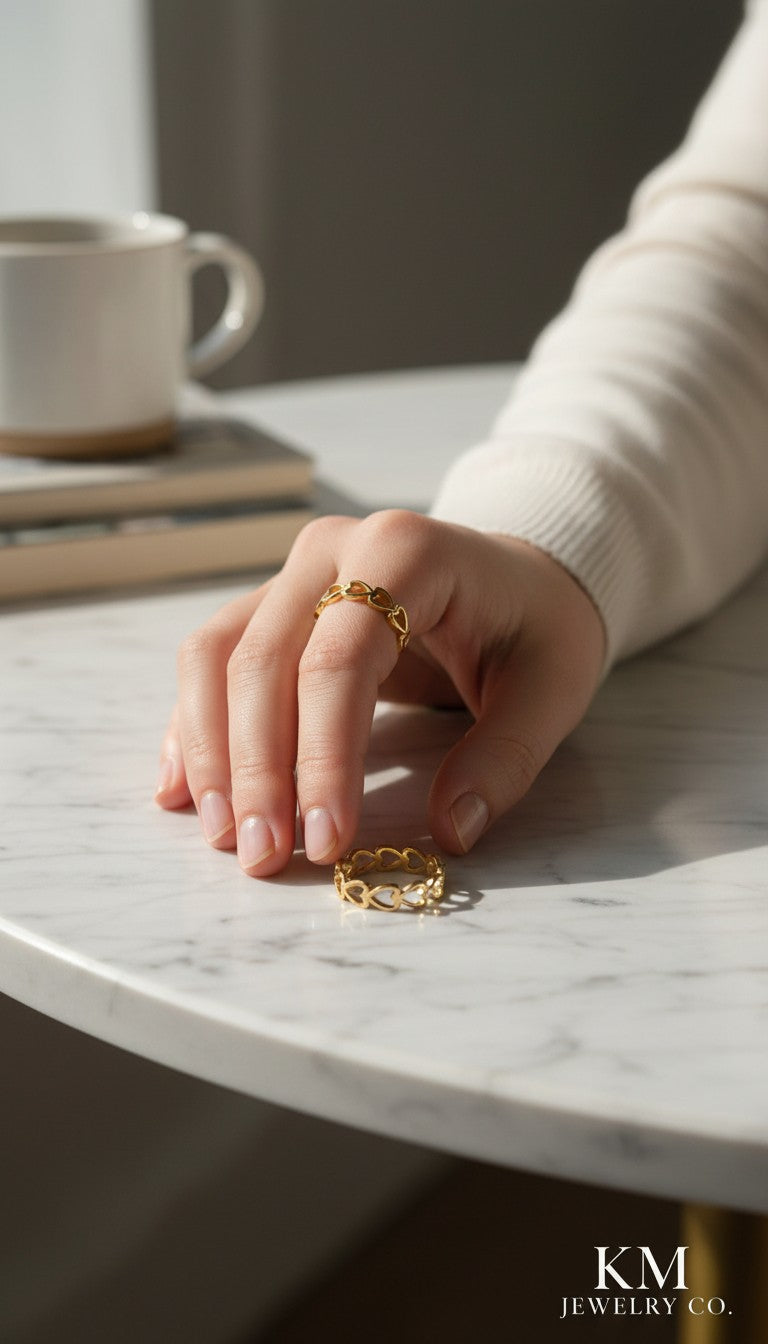 KM Jewelry Co. 18K gold PVD stainless steel ring with a delicate chain of interlocking hearts.