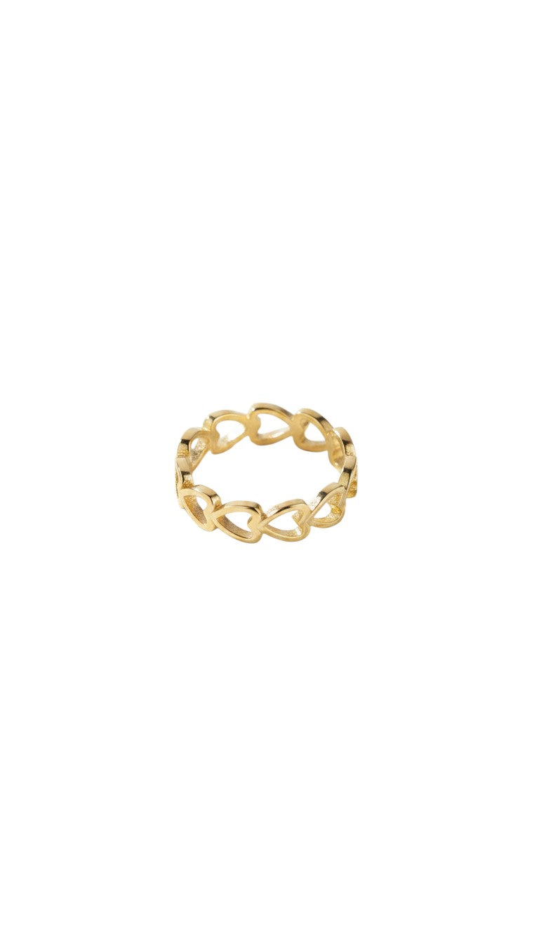 KM Jewelry Co. 18K gold PVD stainless steel ring with a repeating heart pattern. Delicate and stackable.