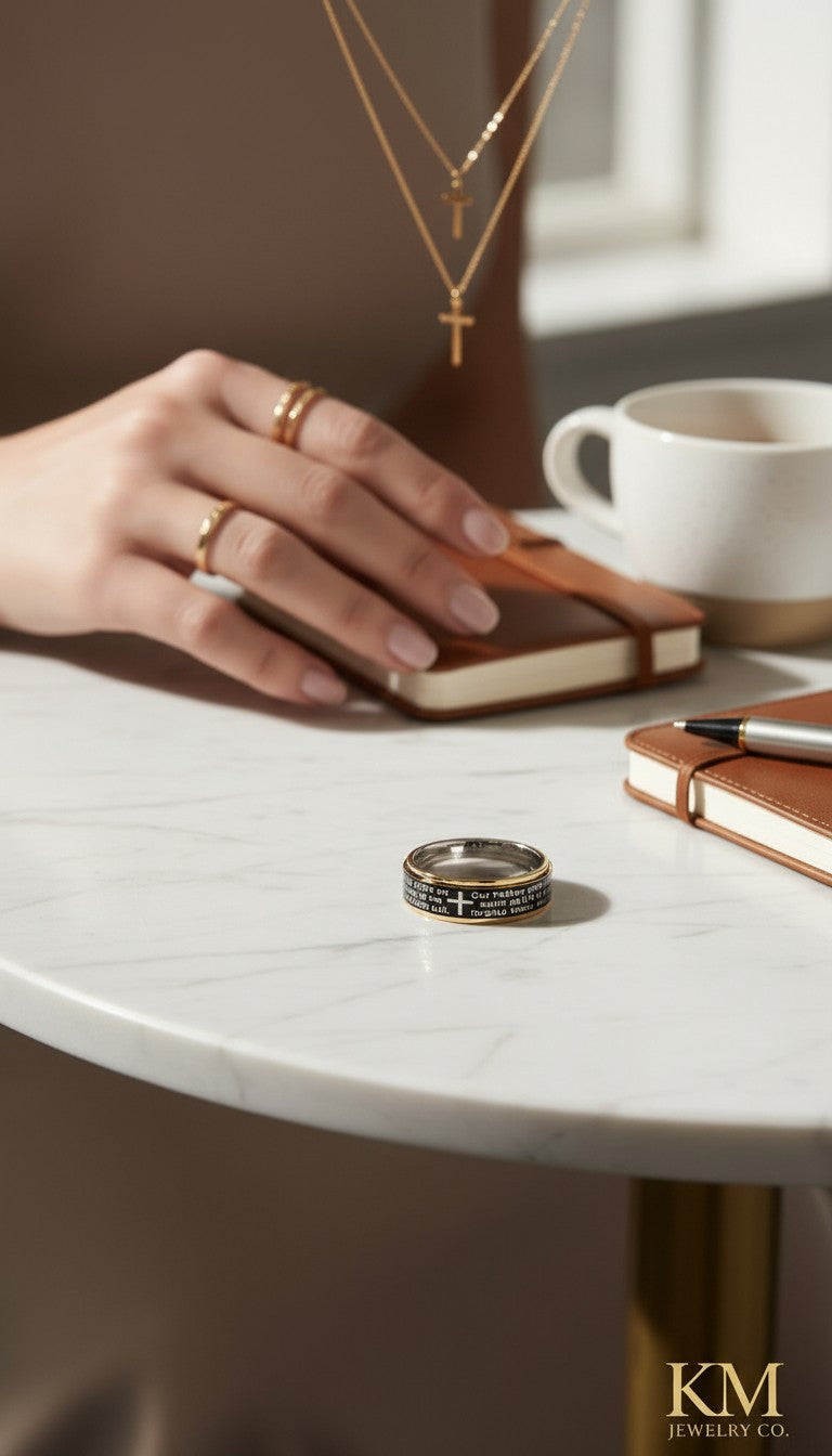 KM Jewelry Co. gold stainless steel ring with engraved prayer details and a cross.