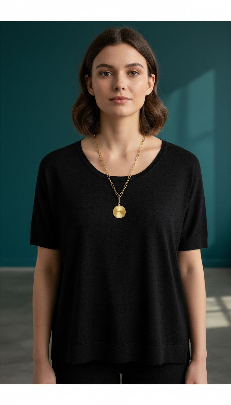 KM Jewelry Co. gold sunburst cross pendant necklace with paperclip chain, 18K gold PVD stainless steel.