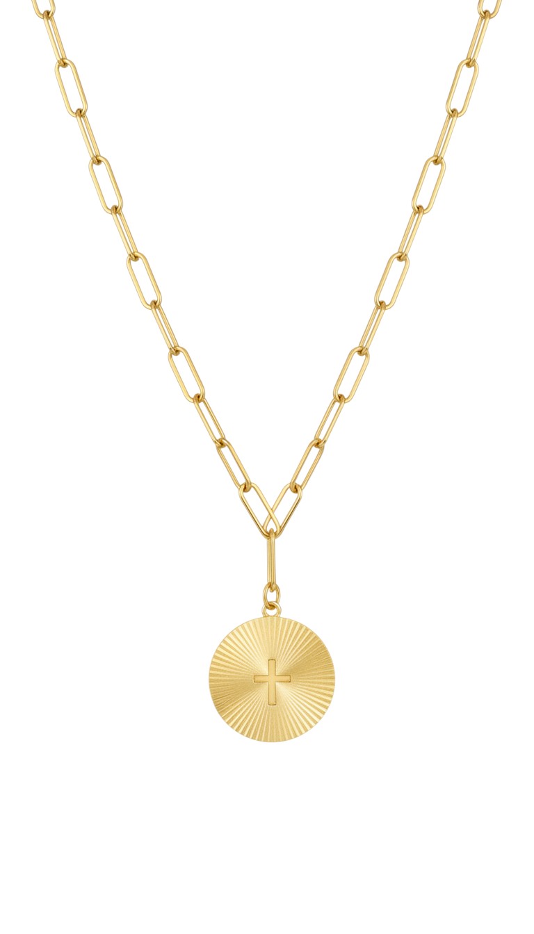 KM Jewelry Co. gold sunburst cross pendant necklace with paperclip chain, 18K gold PVD stainless steel.