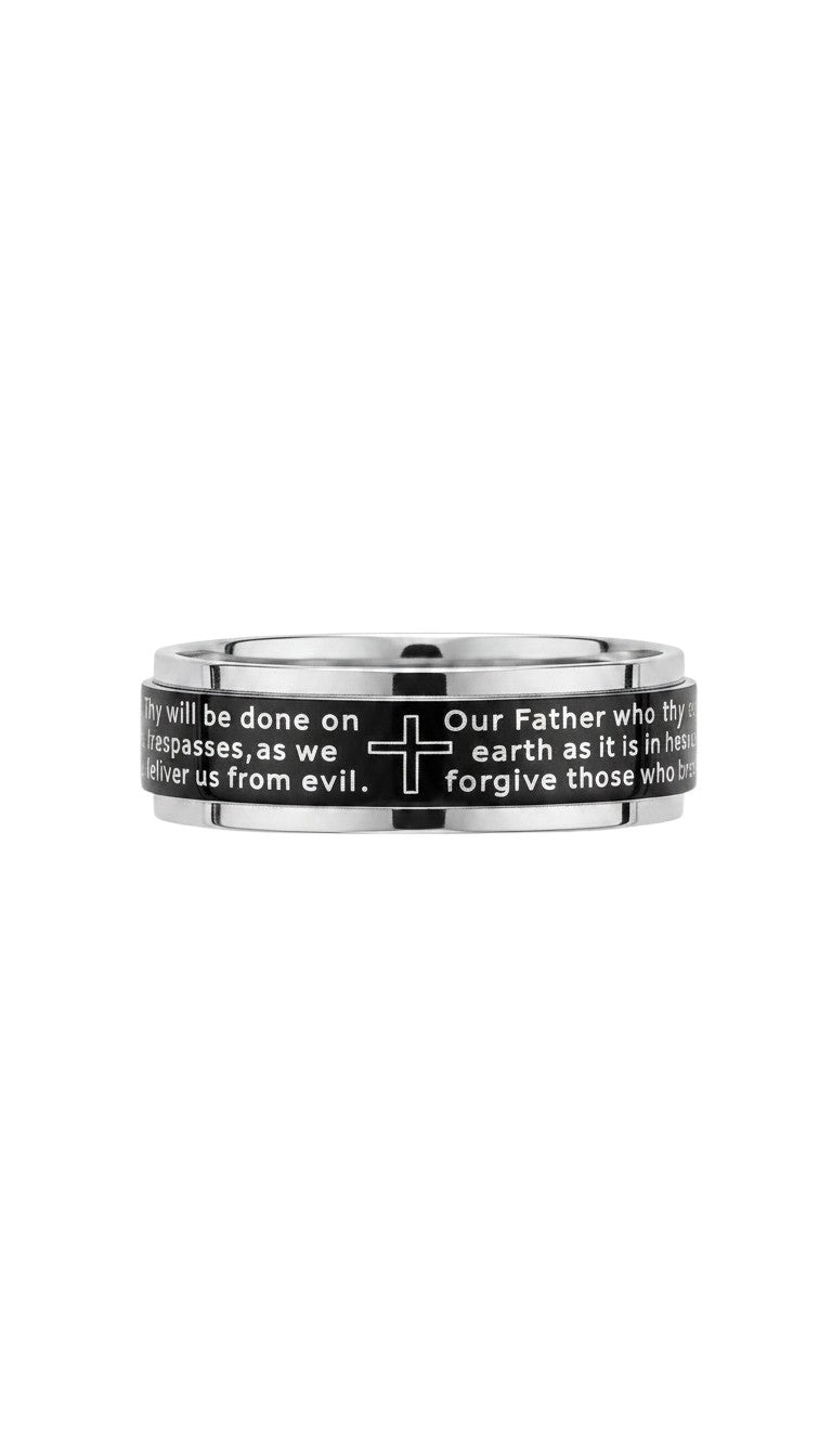 KM Jewelry Co. gold stainless steel men's ring with black inlay featuring the Lord's Prayer and a cross.