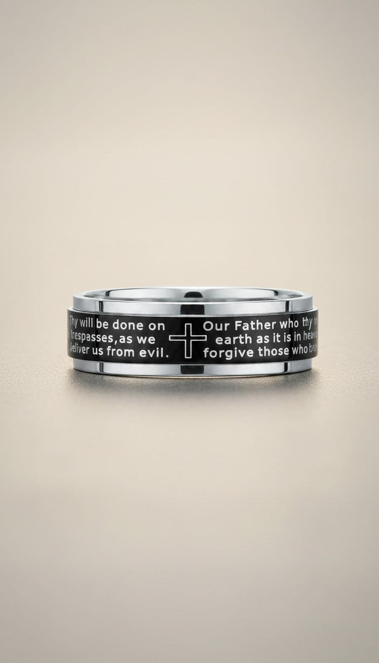KM Jewelry Co. gold stainless steel men's ring with black inlay featuring the Lord's Prayer and a cross.