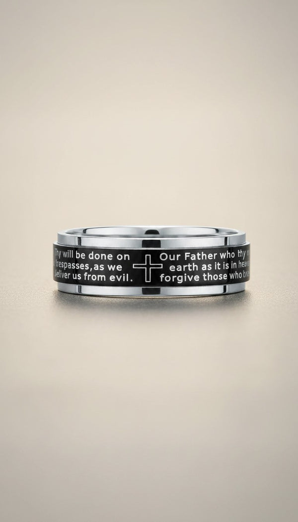 KM Jewelry Co. gold stainless steel men's ring with black inlay featuring the Lord's Prayer and a cross.